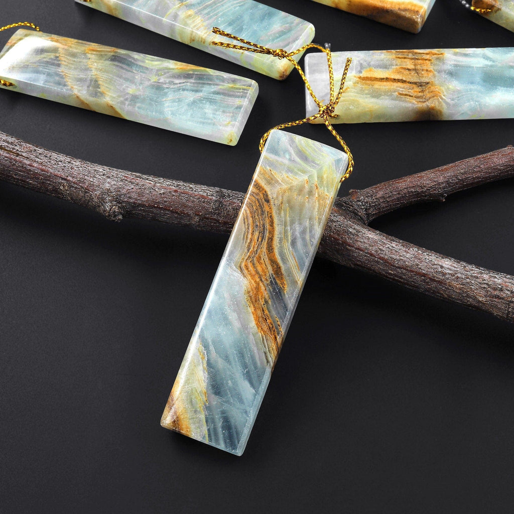 Natural Argentina Lemurian Aquatine Blue Calcite Pendant Golden Brown Matrix Long Rectangle Side Drilled Gemstone A1