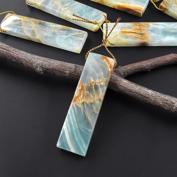 Natural Argentina Lemurian Aquatine Blue Calcite Pendant Golden Brown Matrix Long Rectangle Side Drilled Gemstone A3