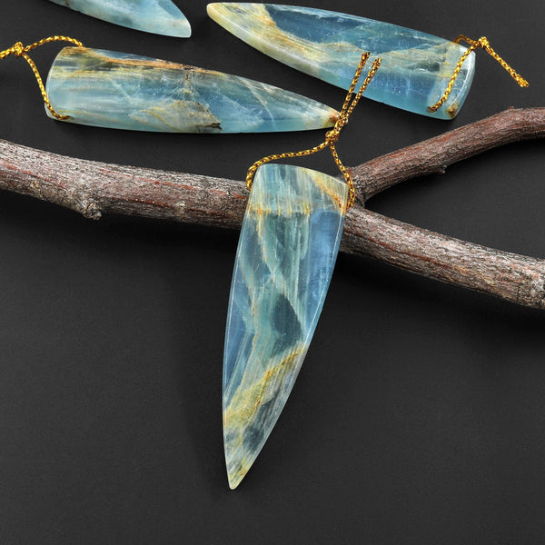 Natural Argentina Lemurian Aquatine Blue Calcite Pendant Golden Brown Matrix Dagger Triangle Side Drilled Gemstone A11
