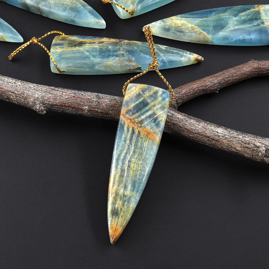Natural Argentina Lemurian Aquatine Blue Calcite Pendant Golden Brown Matrix Dagger Triangle Side Drilled Gemstone A33