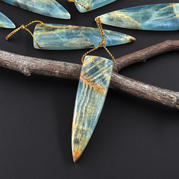 Natural Argentina Lemurian Aquatine Blue Calcite Pendant Golden Brown Matrix Dagger Triangle Side Drilled Gemstone A33