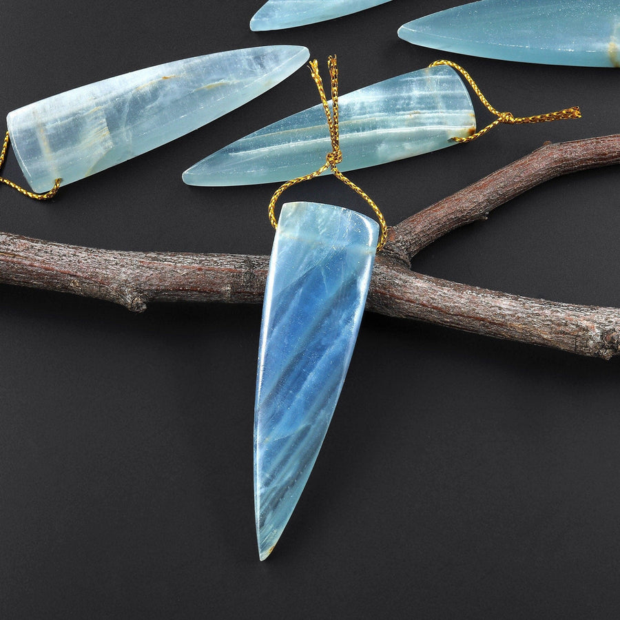 Natural Argentina Lemurian Aquatine Blue Calcite Pendant Golden Brown Matrix Dagger Triangle Side Drilled Gemstone A12