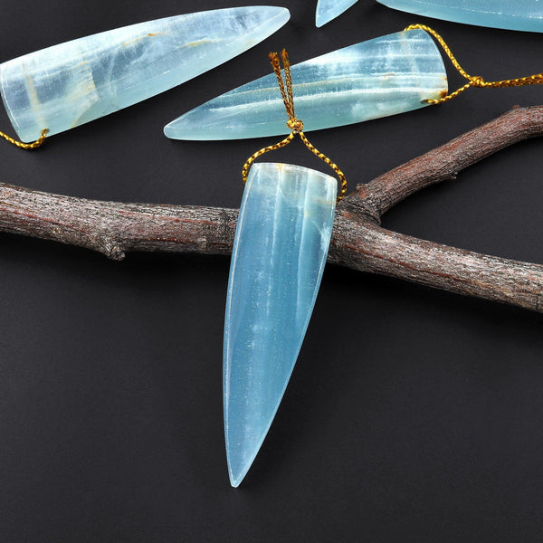 Natural Argentina Lemurian Aquatine Blue Calcite Pendant Golden Brown Matrix Dagger Triangle Side Drilled Gemstone A23