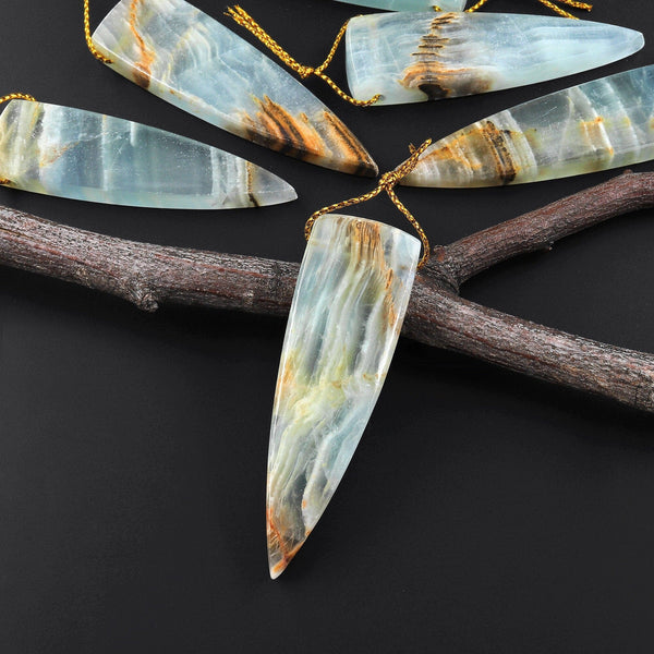 Natural Argentina Lemurian Aquatine Blue Calcite Pendant Dagger Triangle Side Drilled Gemstone A3