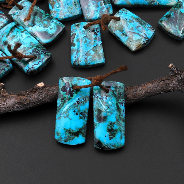 Natural Shattuckite Earring Pair Short Rectangle Matched Gemstone Beads Chrysocolla Azurite Malachite From Congo A4