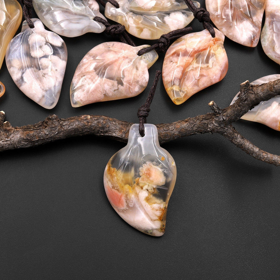 Hand Carved Natural Cherry Blossom Agate Leaf Pendant Bead Drilled Gemstone Aka Flower Agate