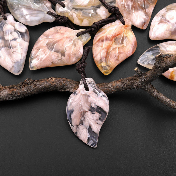 Hand Carved Natural Cherry Blossom Agate Leaf Pendant Bead Drilled Gemstone Aka Flower Agate