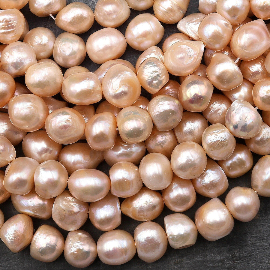 Large Genuine Freshwater Baroque Pearl Shimmery Iridescent Peach 15.5" Strand