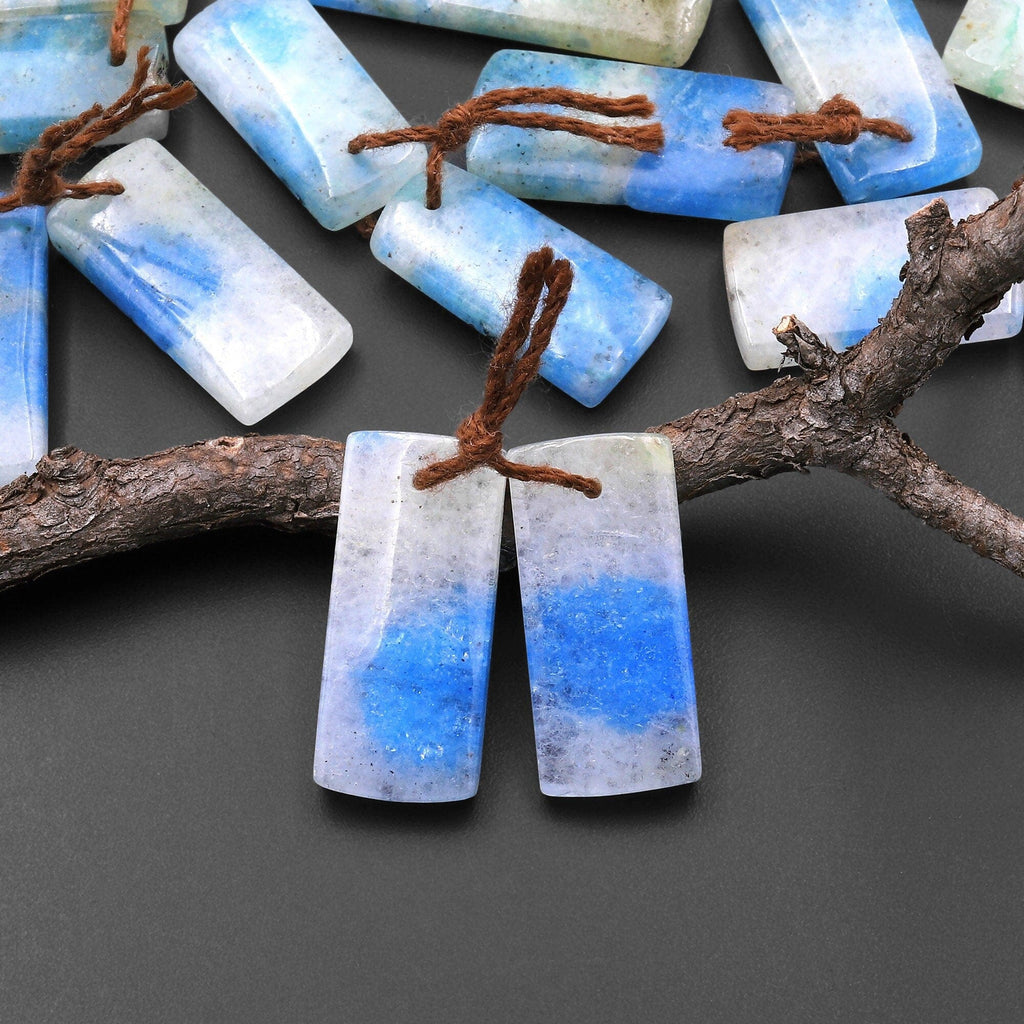 Rare Natural Blue Azurite in Calcite Rectangle Earring Pair Matched Gemstone Beads from Pakistan Afghanistan Where K2 is Found A2