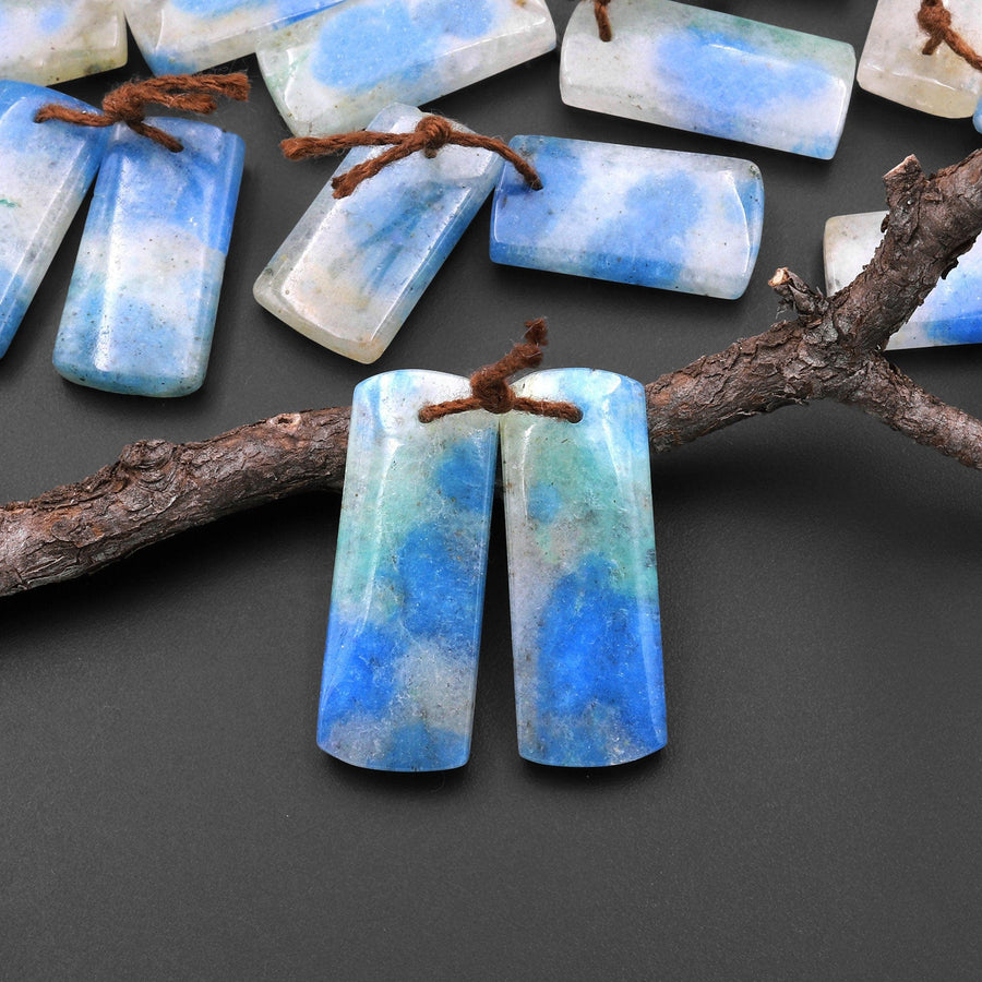 Rare Natural Blue Azurite in Calcite Short Rectangle Earring Pair Matched Gemstone Beads from Pakistan Afghanistan Where K2 is Found