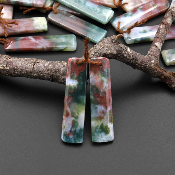 Natural Rainbow Agate Earring Pair Rectangle Matched Gemstone Bead Pair A1