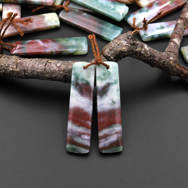 Natural Rainbow Agate Earring Pair Rectangle Matched Gemstone Bead Pair A2
