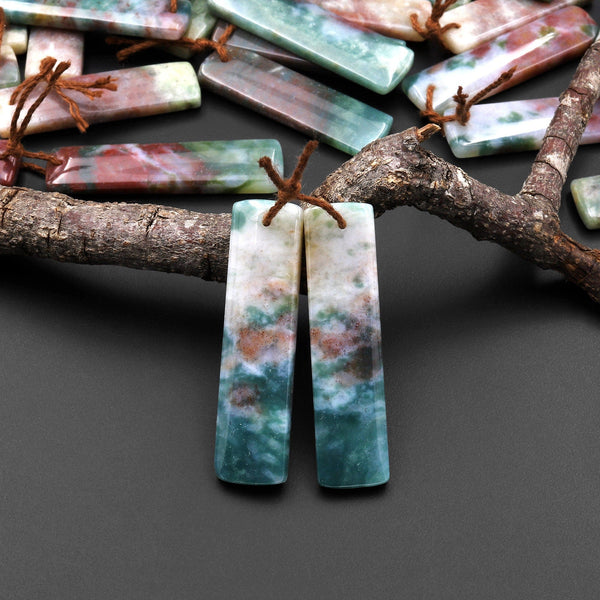 Natural Rainbow Agate Earring Pair Rectangle Matched Gemstone Bead Pair A4