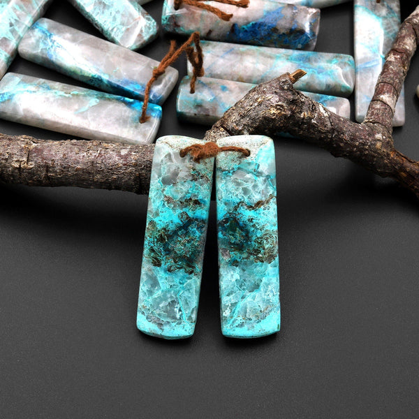 Rare Natural Chrysocolla in Quartz Rectangle Earring Pair Matched Cabochon Gemstone Beads A4