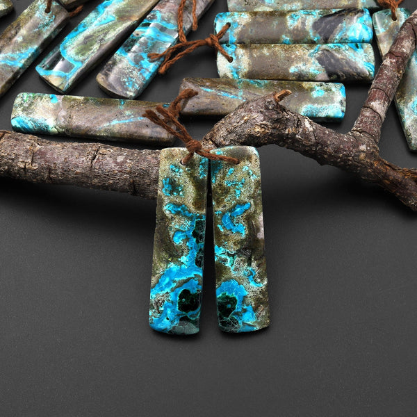 Rare Natural Shattuckite Earring Pair Rectangle Matched Gemstone Beads Chrysocolla Azurite Malachite From Congo A1