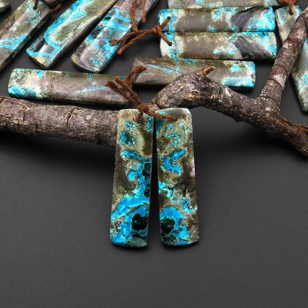 Rare Natural Shattuckite Earring Pair Rectangle Matched Gemstone Beads Chrysocolla Azurite Malachite From Congo