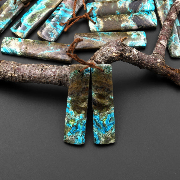 Rare Natural Shattuckite Earring Pair Rectangle Matched Gemstone Beads Chrysocolla Azurite Malachite From Congo A2