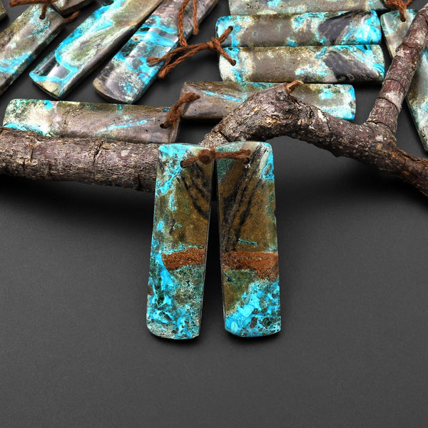 Rare Natural Shattuckite Earring Pair Rectangle Matched Gemstone Beads Chrysocolla Azurite Malachite From Congo A3