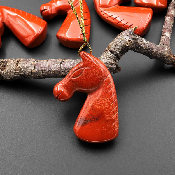 Hand Carved Natural Red Jasper Horse Head Pendant Gemstone Focal Bead A3