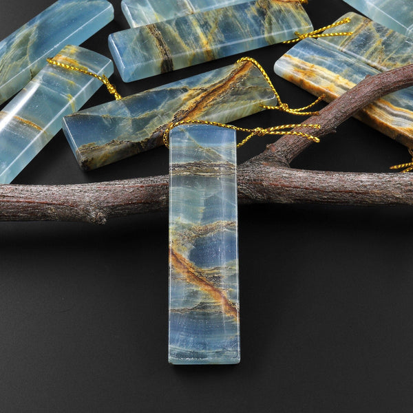 Natural Argentina Lemurian Aquatine Blue Calcite Pendant Golden Brown Matrix Rectangle Side Drilled Gemstone A1