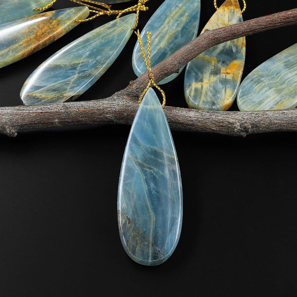 Natural Argentina Lemurian Aquatine Blue Calcite Pendant Golden Brown Matrix Teardrop Side Drilled Gemstone A2