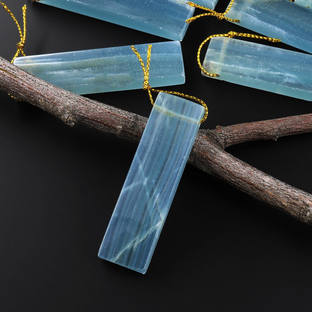 Natural Argentina Lemurian Aquatine Blue Calcite Pendant Rectangle Side Drilled Gemstone A1