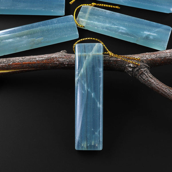Natural Argentina Lemurian Aquatine Blue Calcite Pendant Rectangle Side Drilled Gemstone A2