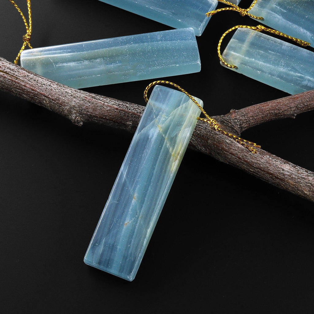 Natural Argentina Lemurian Aquatine Blue Calcite Pendant Rectangle Side Drilled Gemstone A3