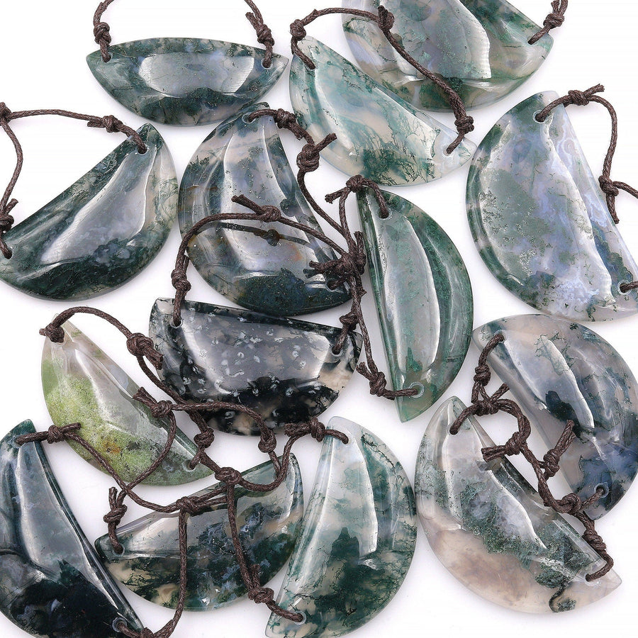 2 Hole Pendant Natural Green Moss Agate Half Circle Moon Pendant Gemstone Focal Bead