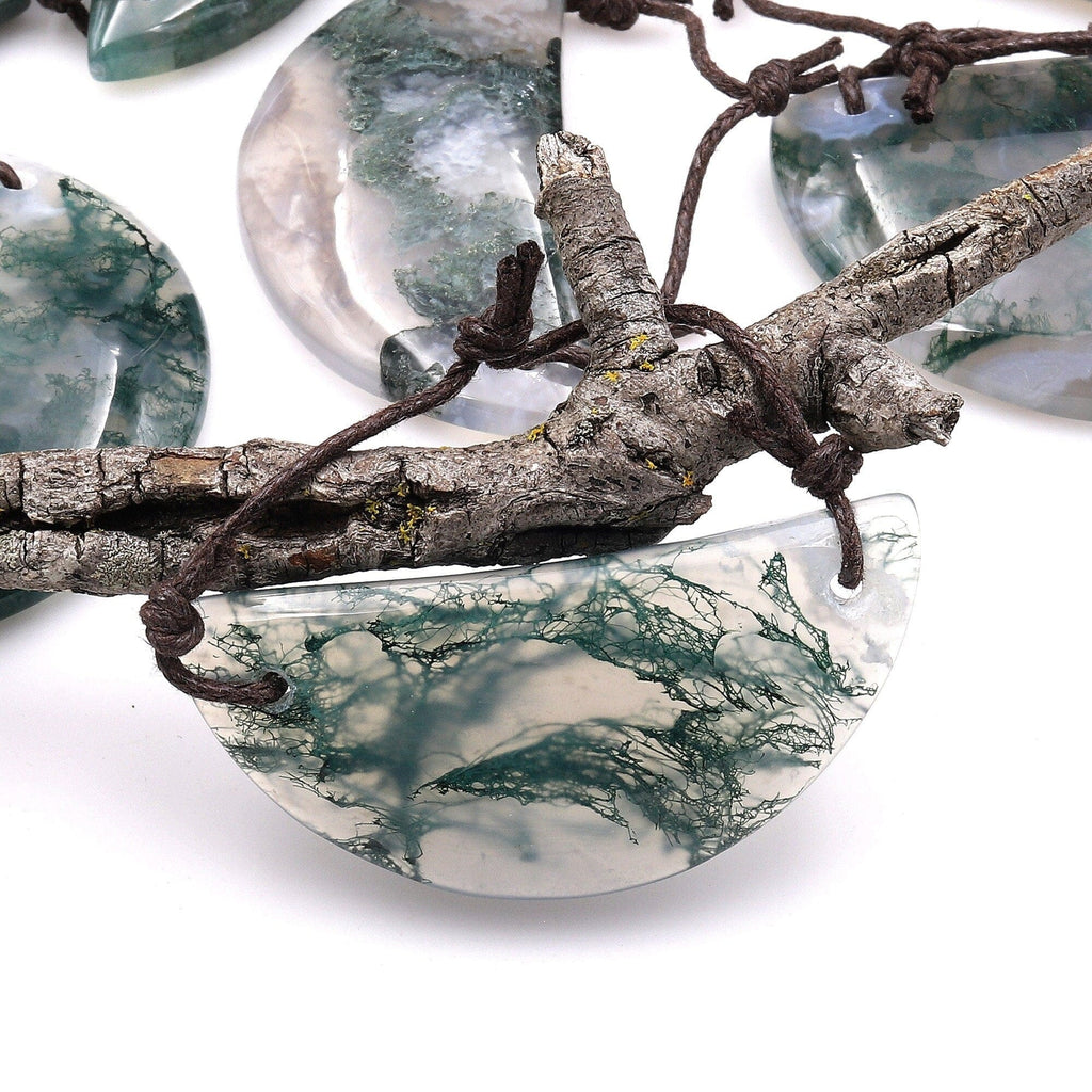 2 Hole Pendant Natural Green Moss Agate Half Circle Moon Pendant A6