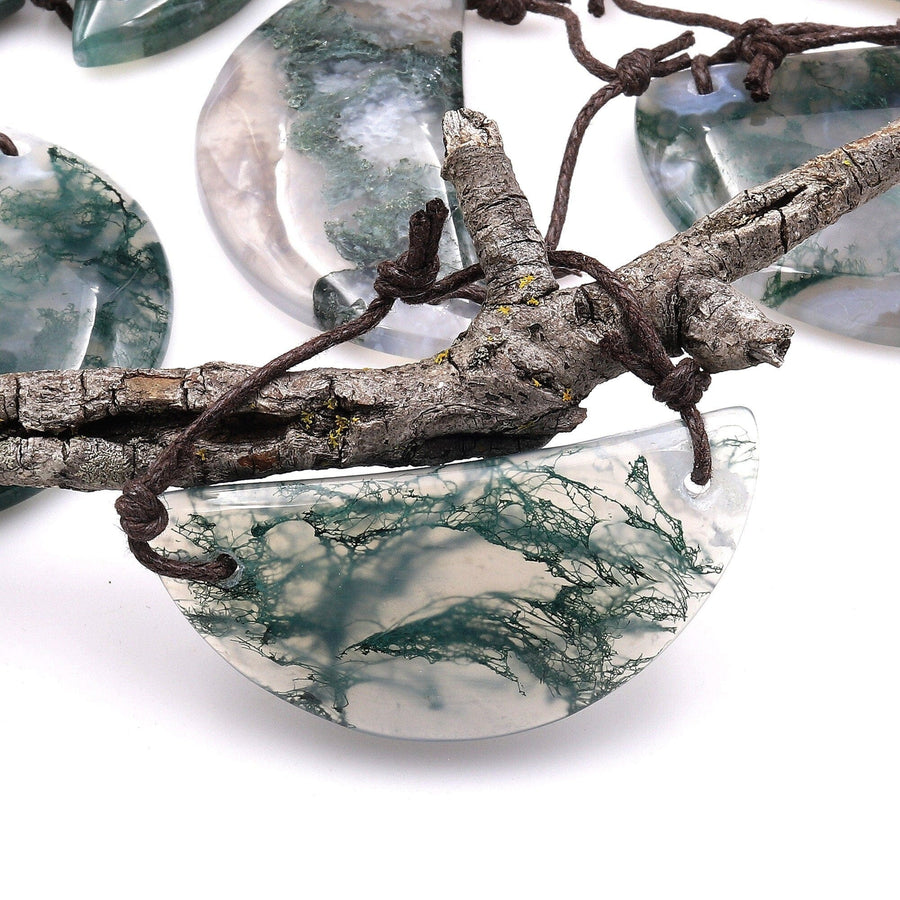2 Hole Pendant Natural Green Moss Agate Half Circle Moon Pendant A6