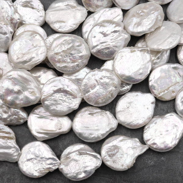 Large Natural White Coin Pearl Iridescent 18mm 15.5" Strand