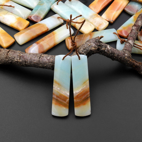 Natural Blue Golden Brown Amazonite Earring Pair Matched Drilled Gemstone Rectangle Beads A2