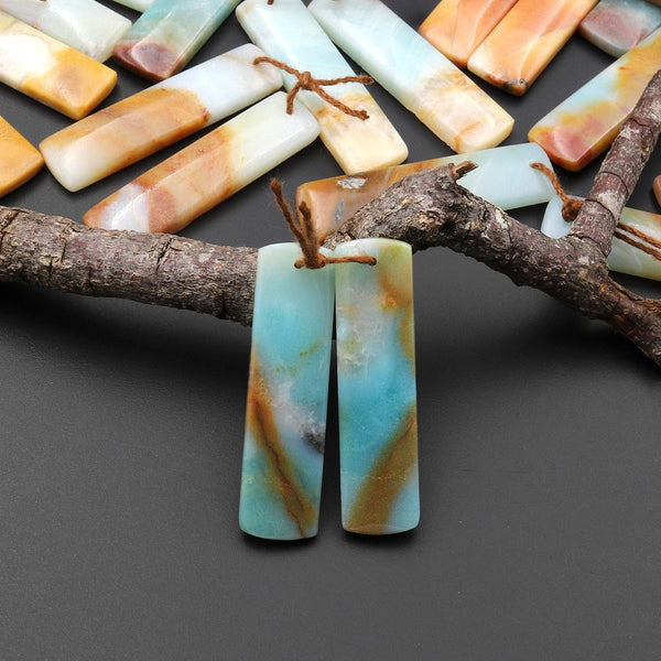 Natural Blue Golden Brown Amazonite Earring Pair Matched Drilled Gemstone Rectangle Beads A3