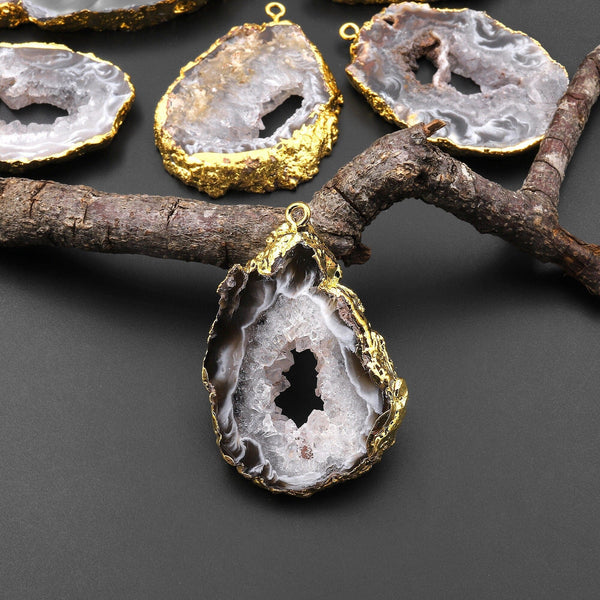 Natural Oco Agate Druzy Drusy Geode Slice Pendant Freeform Sparkling Natural Crystal Gemstone