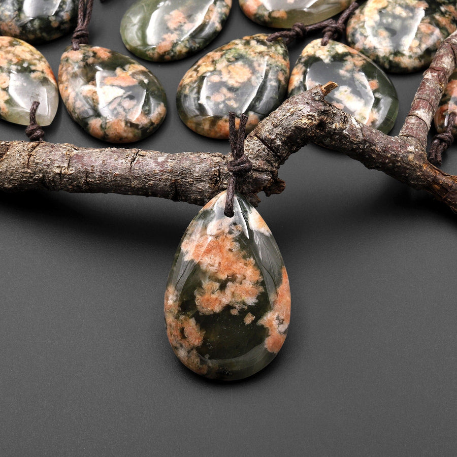 Natural Cherry Blossom Lodalite Quartz Teardrop Pendant Peach Pink Green Minerals Matrix A2