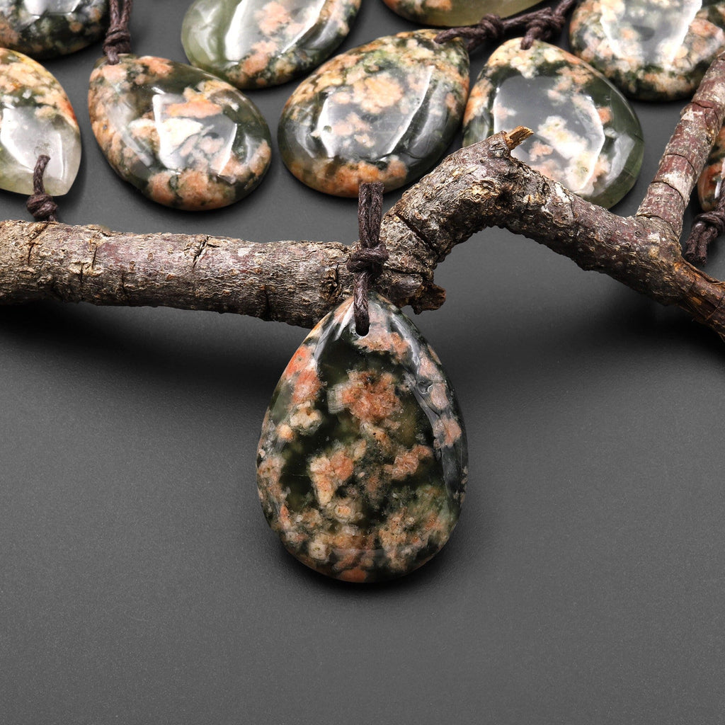 Natural Cherry Blossom Lodalite Quartz Teardrop Pendant Peach Pink Green Minerals Matrix A4