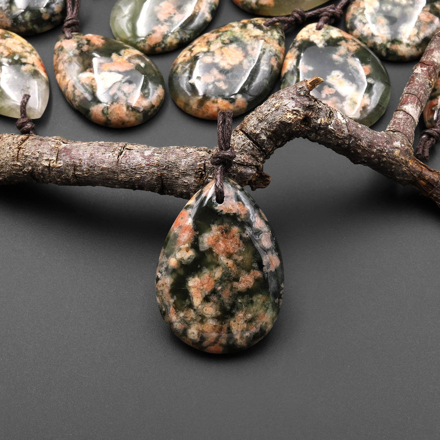 Natural Cherry Blossom Lodalite Quartz Teardrop Pendant Peach Pink Green Minerals Matrix A4