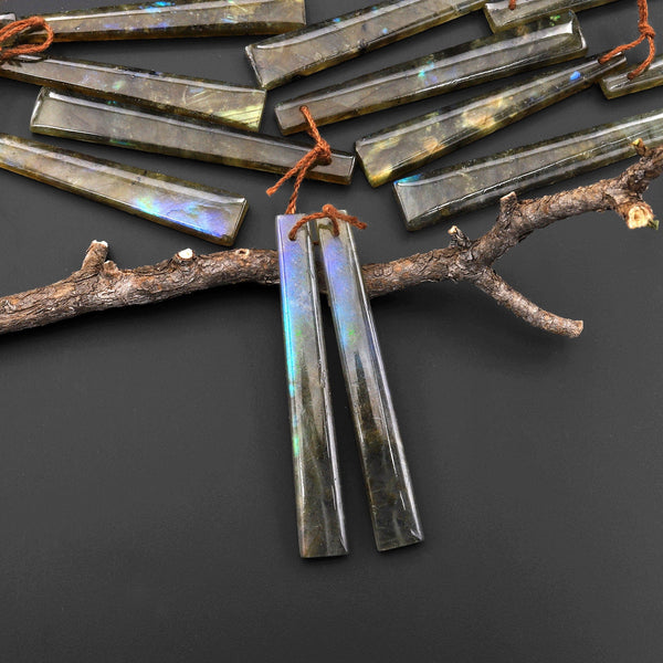 Natural Labradorite Earring Pair Thin Long Trapezoid Drilled Matched Gemstone Beads
