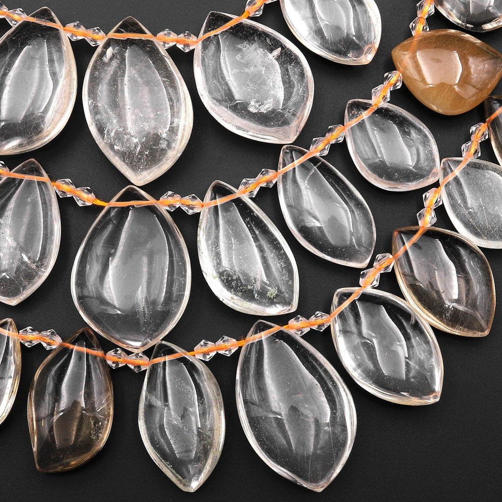 Super Clear Natural Phantom Quartz Handcut Freeform Teardrop Beads Side Drilled Pendants 15.5" Strand