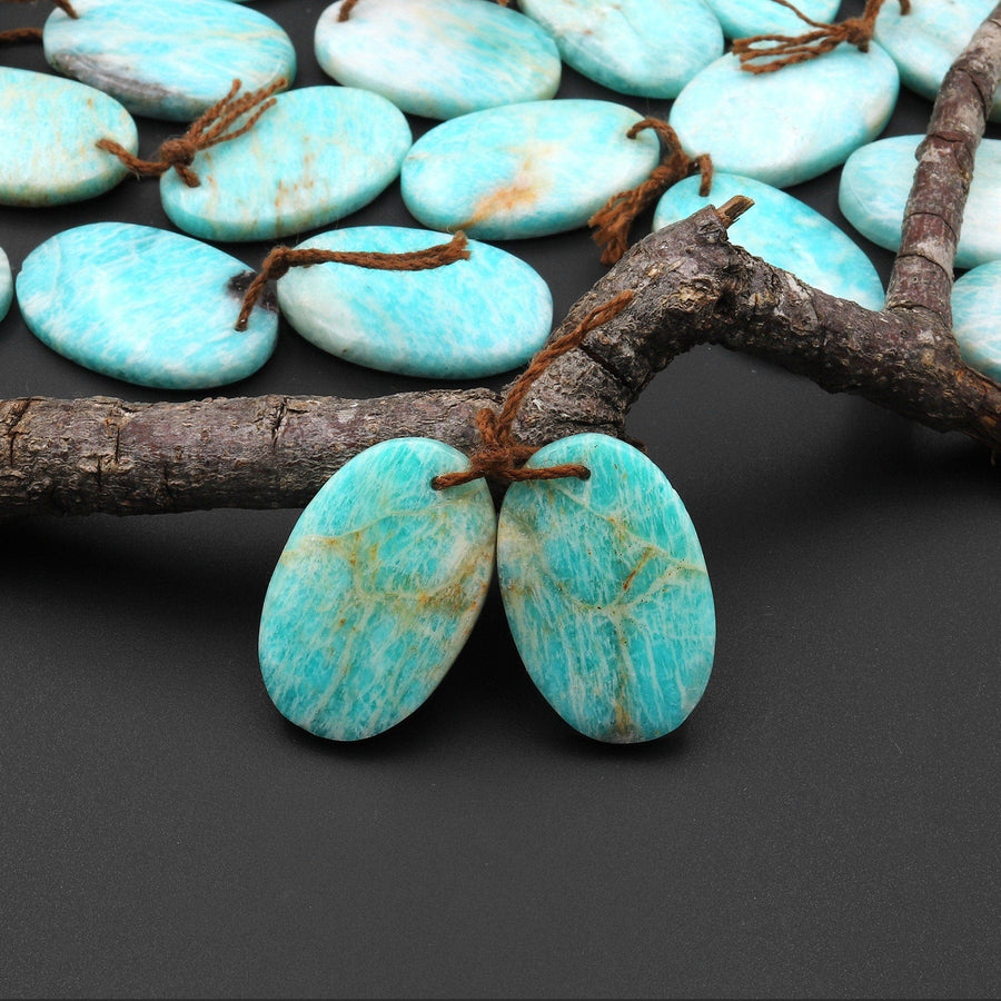 Natural Madagascar Amazonite Oval Earring Pair Drilled Matched Gemstone Beads A2