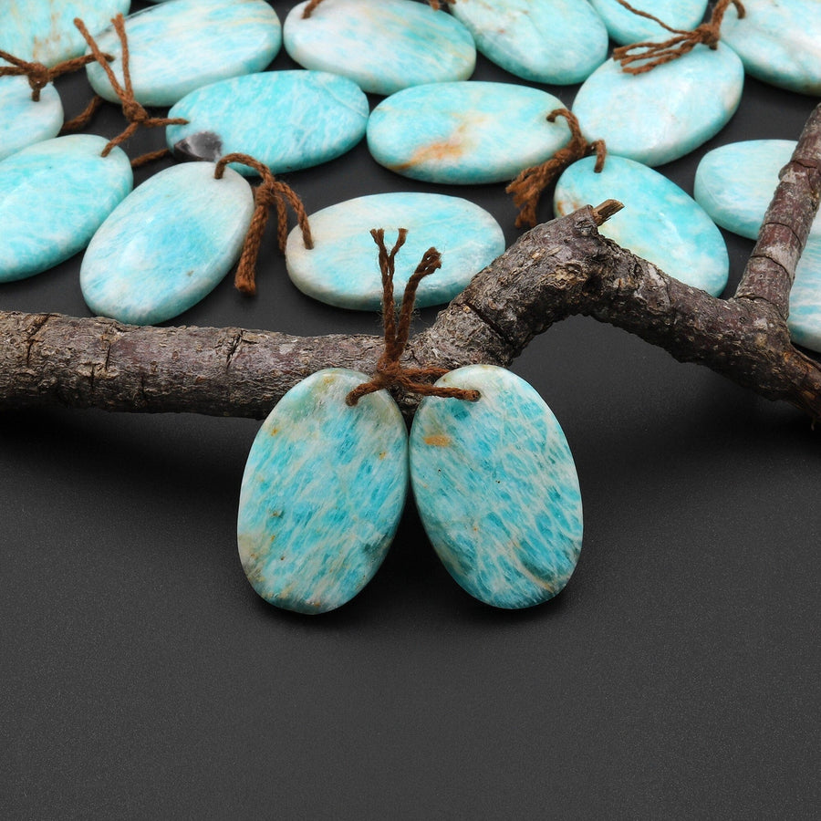 Natural Madagascar Amazonite Oval Earring Pair Drilled Matched Gemstone Beads A4