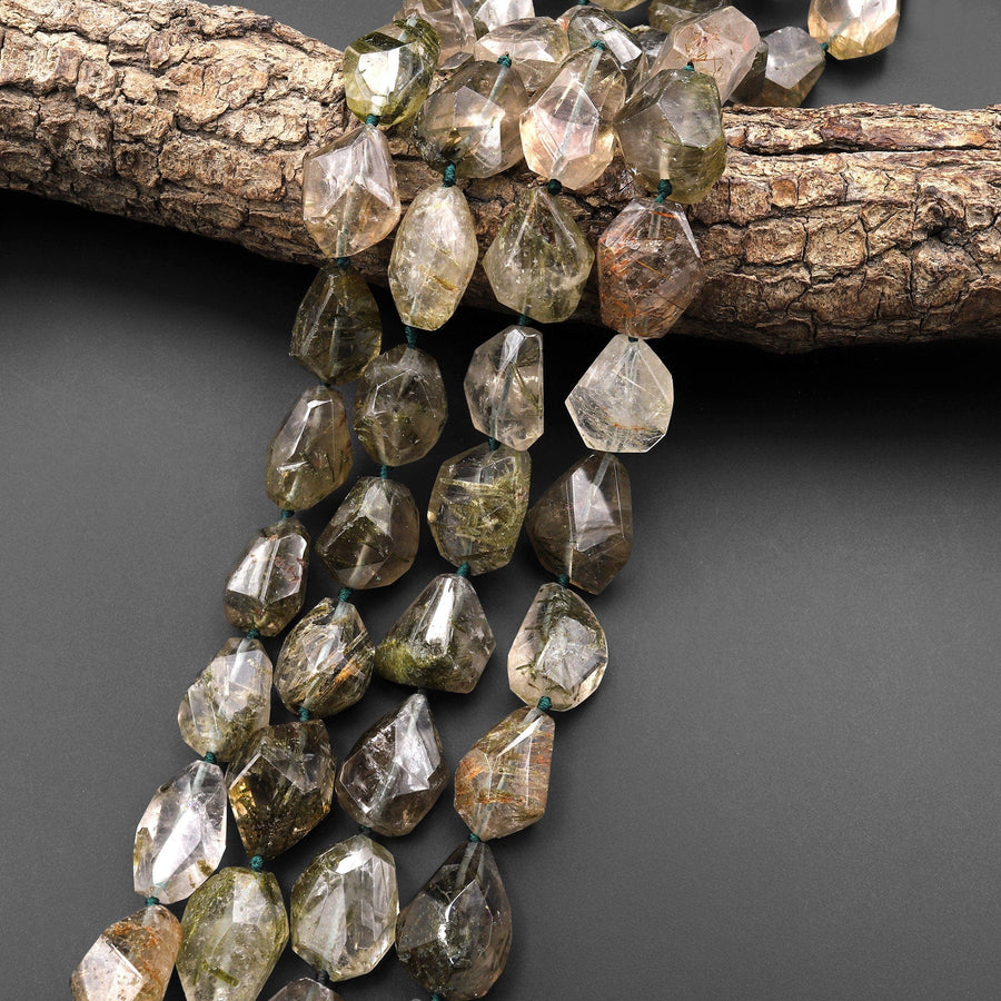 AAA Faceted Natural Green Tourmaline Rutile Quartz Beads Handcut Nuggets Healing Crystal Gemstone 15.5" Strand