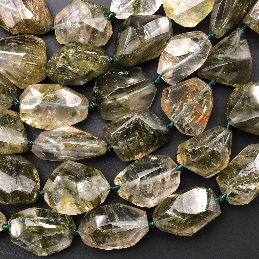AAA Faceted Natural Green Tourmaline Rutile Quartz Beads Handcut Nuggets Healing Crystal Gemstone 15.5" Strand
