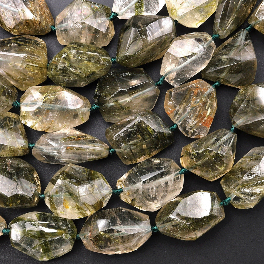 AAA Faceted Natural Green Tourmaline Rutile Quartz Beads Handcut Nuggets Healing Crystal Gemstone 15.5" Strand