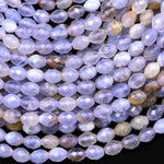 Natural Blue Chalcedony Faceted Drum Barrel Rice Beads 15.5" Strand