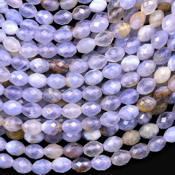Natural Blue Chalcedony Faceted Drum Barrel Rice Beads 15.5" Strand