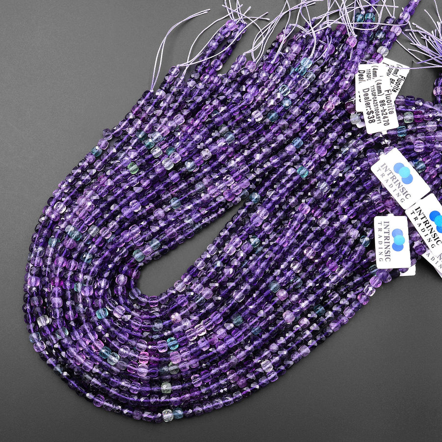 AAA Natural Fluorite Faceted 4mm Cube Beads Vibrant Purple Gemstone 15.5" Strand