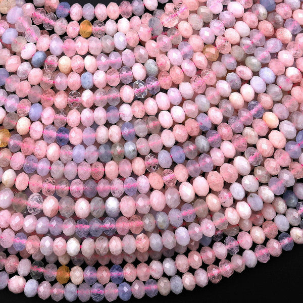 Faceted Natural Multicolor Blue Aquamarine Pink Morganite 4mm Rondelle Beads Pastel Colors 15.5" Strand