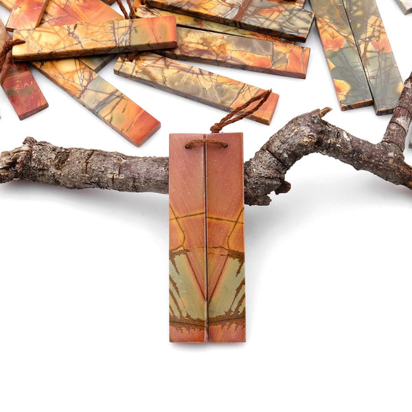 Long Linear Natural Red Creek Jasper Earring Pair Modern Flat Rectangle Cab Drilled Matched Gemstone Beads AKA Multicolor Picasso Jasper A2